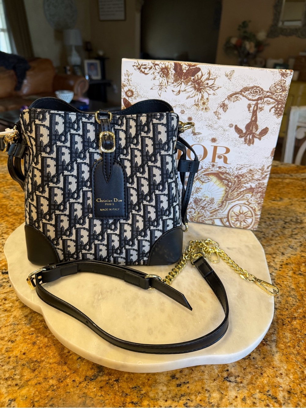 Dior Black & Cream Oblique Mini Bucket Bag